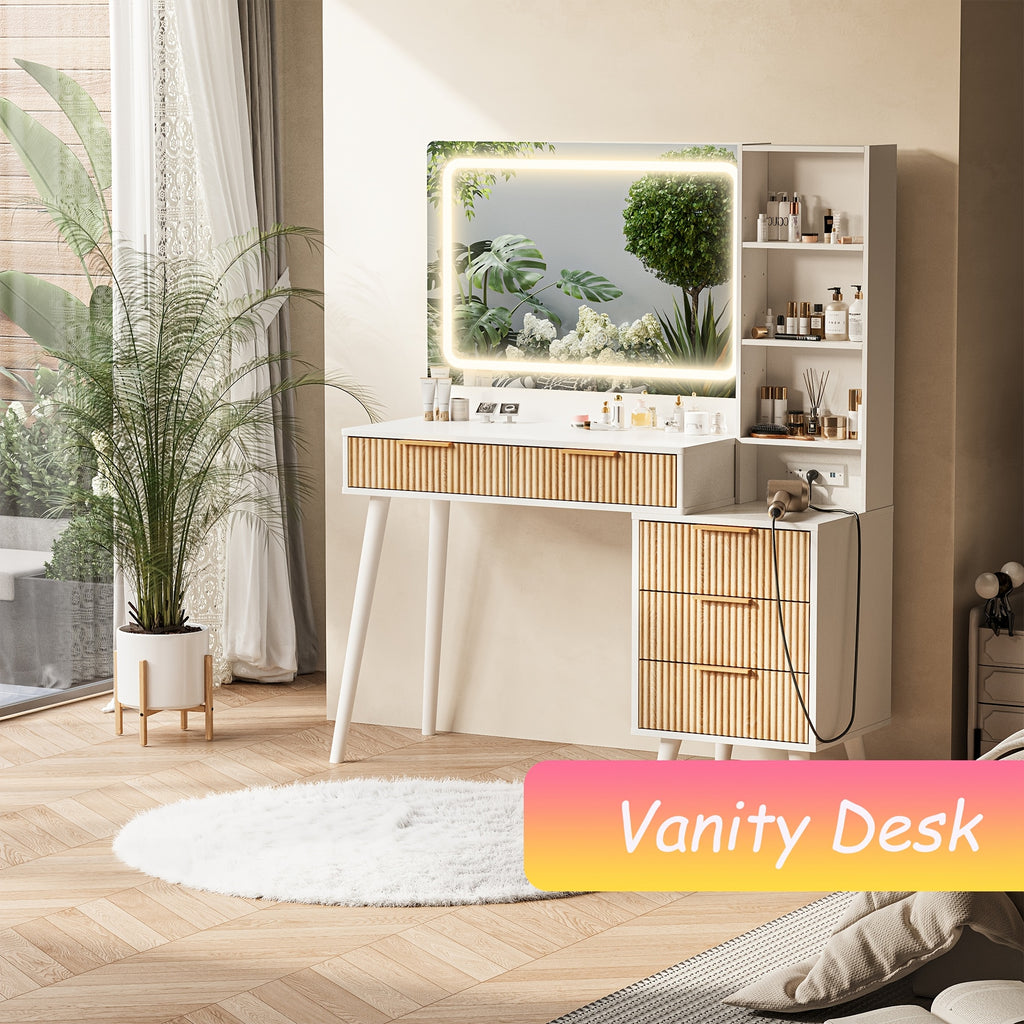 Dressing Table Featuring a Mirror And Lighting, 44-Inch Makeup Station with a Grooved Storage Drawer, Cabinet, Three LED Lighting Options, And a Power Outlet Suitable for a Bedroom