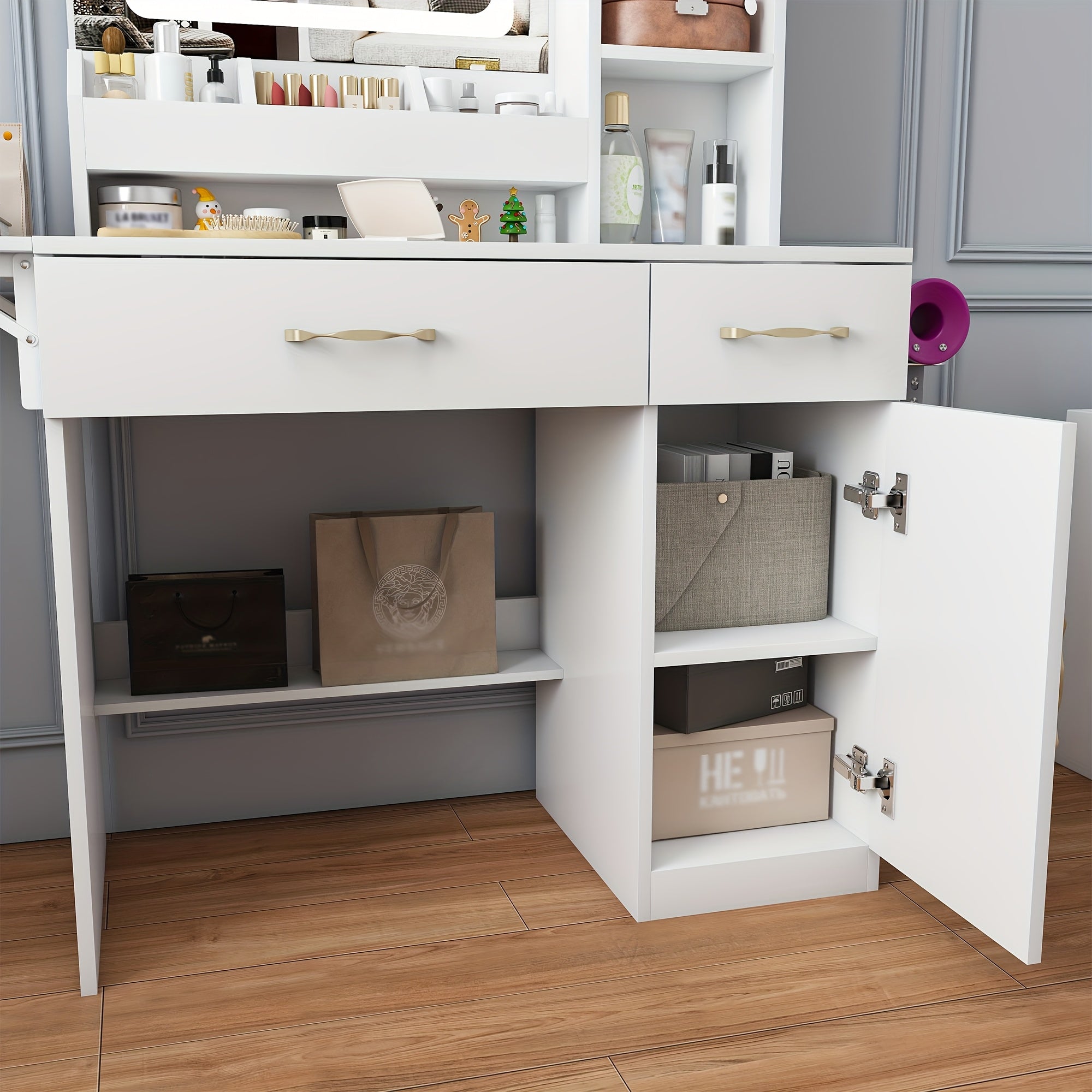 Modern Vanity Desk with LED Mirror Lights & Power Outlet Charging Station - Makeup Dressing Table with 3 Drawers, 7 Shelves & Storage Stool Suitable for Girls and Women