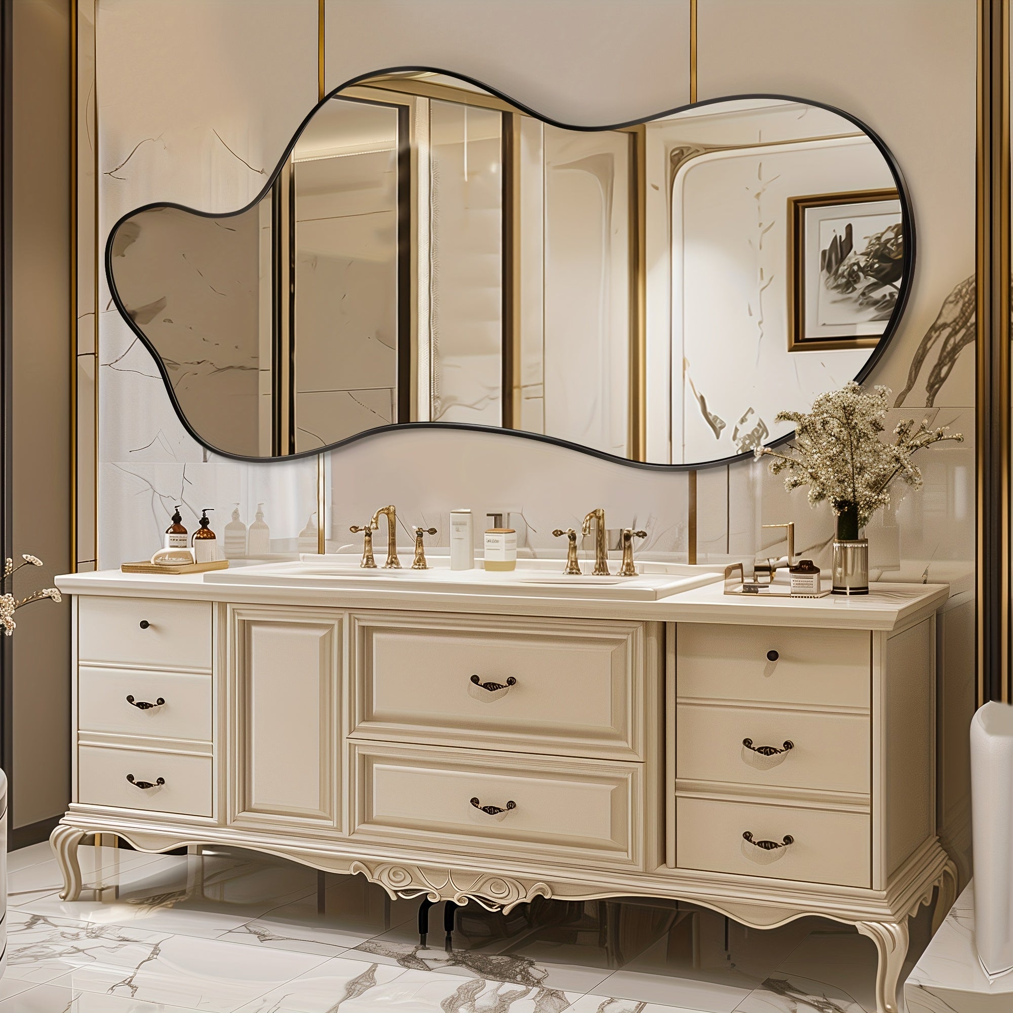 LADYNOW Modern Asymmetrical Wall Mirror - Black Decorative Irregular Shape, Vertical Orientation for Living Room, Bedroom, Bathroom & Entryway Decor, No Electricity Needed, Unique Natural Design, Mirror Wall Deco