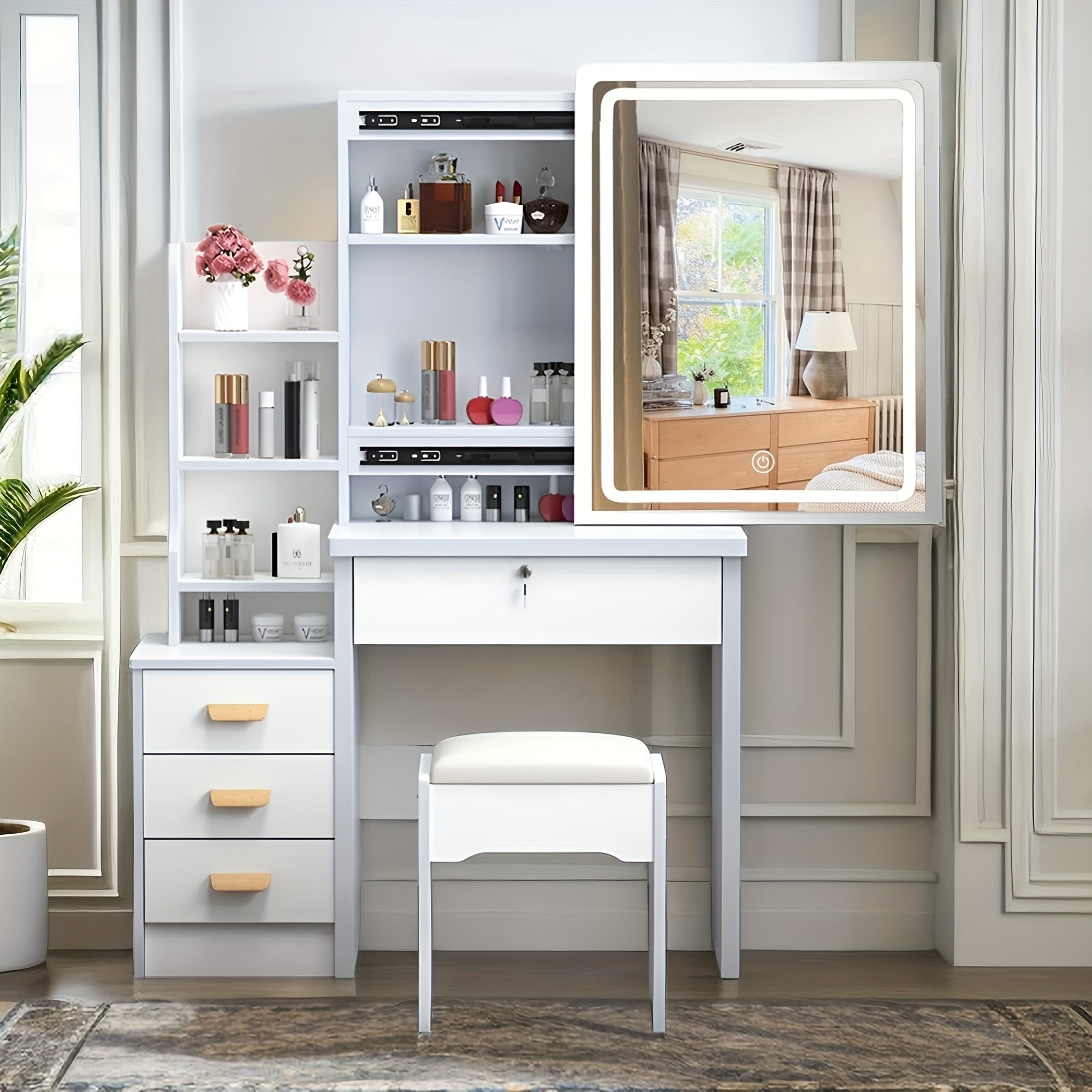 White Dressing Table with Sliding Mirror & Stool 4 Drawers Home High-End Bedroom Dressing Cabinet Integrated Small Apartment