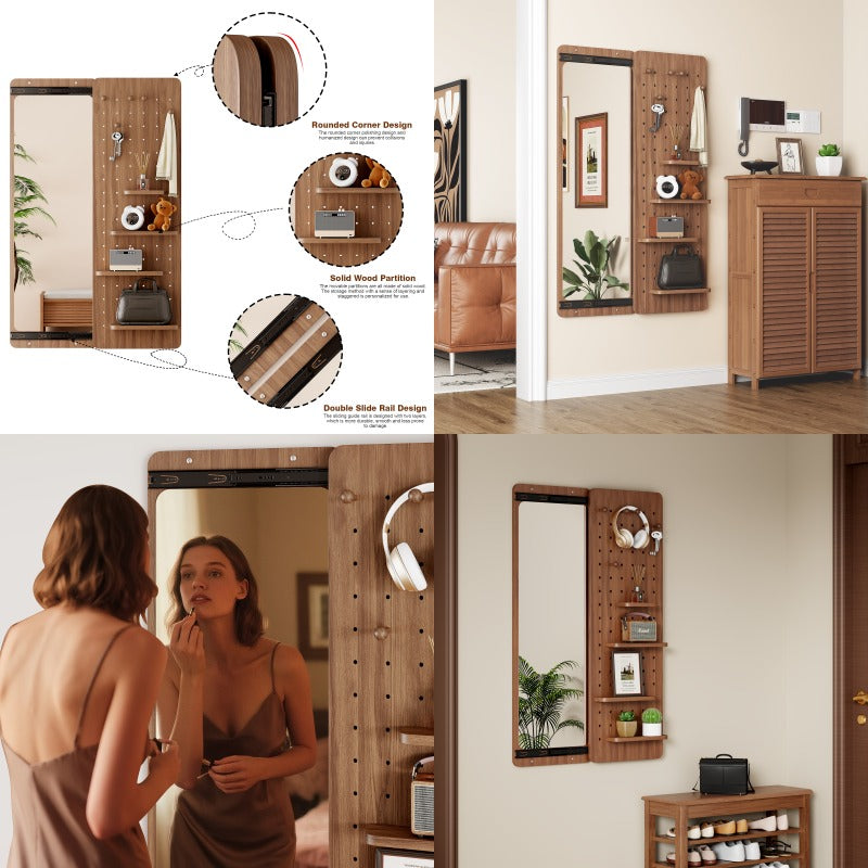 Full-Length Wall Mirror with Storage Shelf & Hooks - Arched Top Design Full Body Mirror with Multifunctional Panel, Space-Saving Vertical\u002FHorizontal Mount, Walnut Finish - Sturdy Glass Construction for Bedroom, Living Room, Entryway - 47.6\