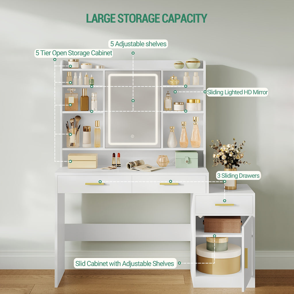 Large Vanity Desk with Light Mirror, Makeup Vanity Dressing Table with 3 Drawers, 6 Adjustable Shelves, Storage Cabinet, Bedroom Vanity Table for Women, Holiday Gift Guide