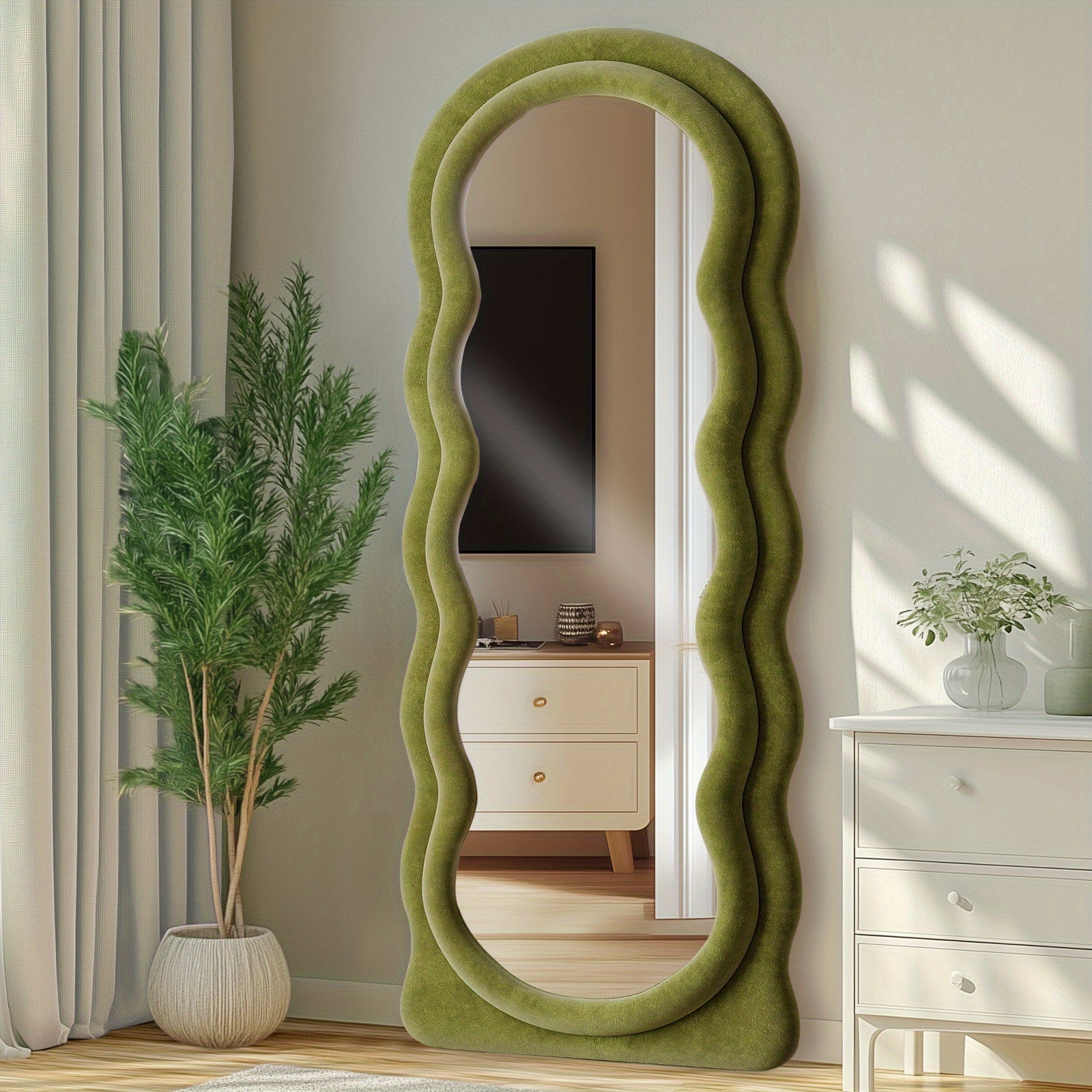 63x24 Inches Flannel Frame Wavy Full Length Mirror, Hanging or Leaning Mirror, Irregular Makeup Mirror Elegant Wall Mirror for Bedroom Cloakroom Bathroom Living Room Decorative