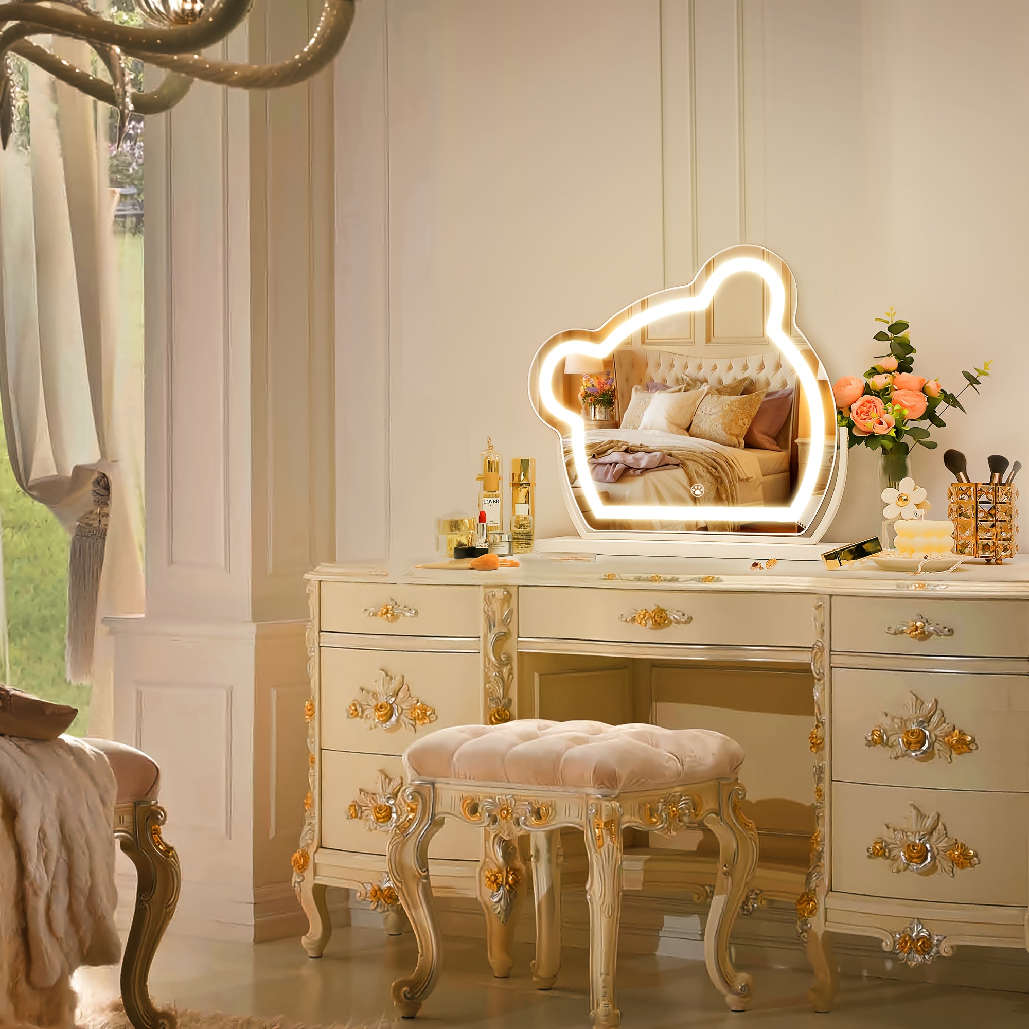 Bear LED Makeup Mirror with Light & Touch Sensor, Touch-Activated & Dimmable Color Adjustable Mirror, Cute Bear Vanity Mirror Suitable for, Salon, Dressing Table - Low Voltage Operation