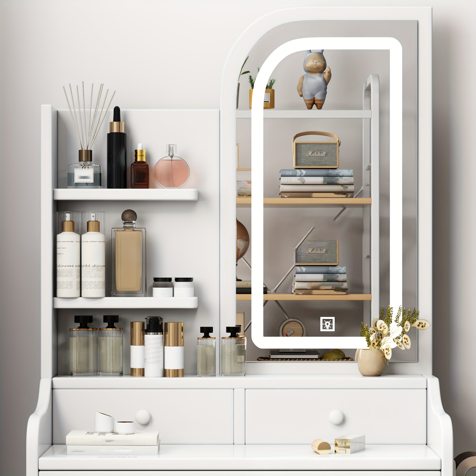 White Dressing Table with Sliding Mirror & Stool 4 Drawers Home High-End Bedroom Dressing Cabinet Integrated Small Apartment