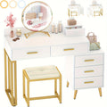 Vanity Desk with Mirror and Lights, Modern Makeup Vanity Table Set with 6 Storage Drawers and Cushioned Stool for Bedroom, Dressing Table with Divided Organizers for Women Girls