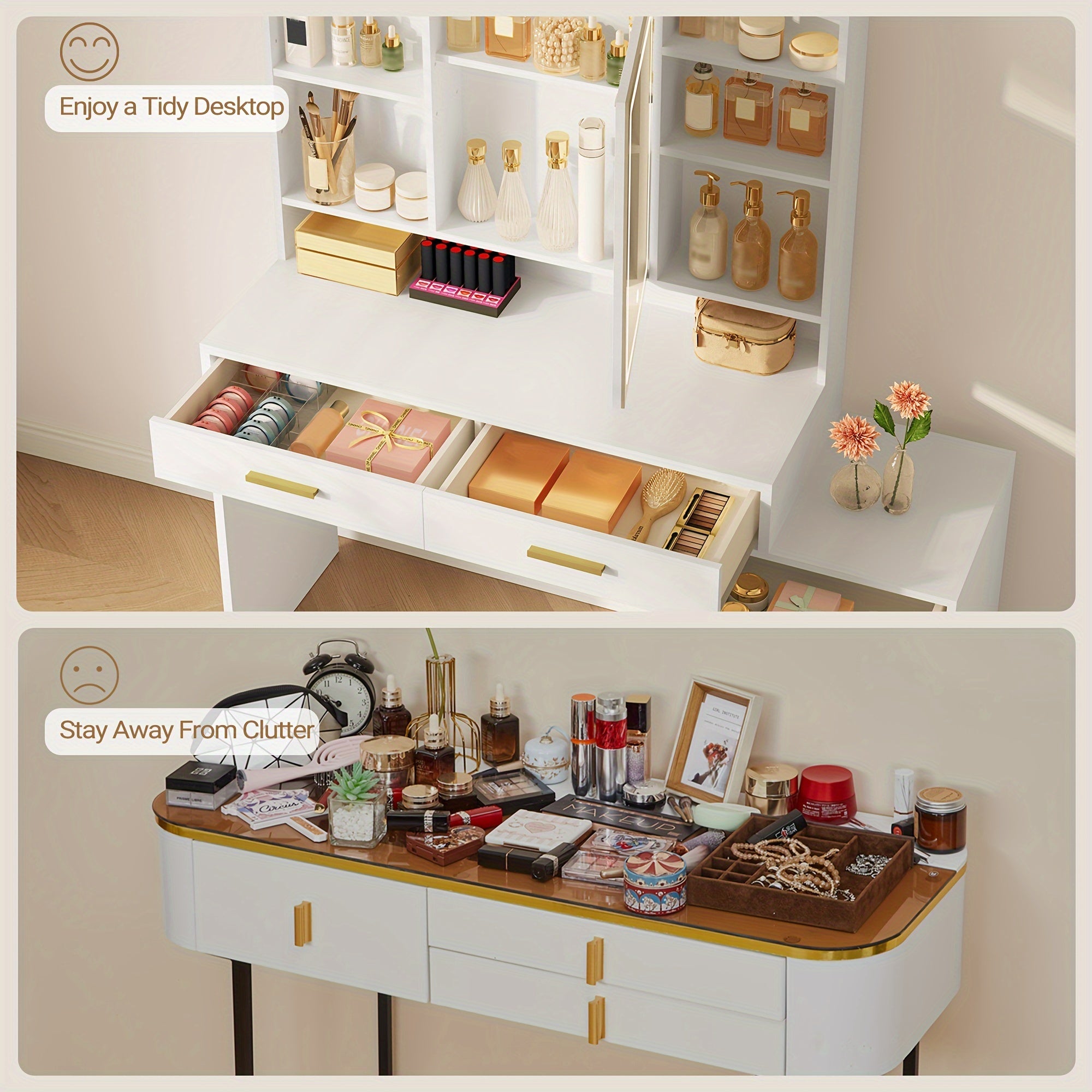 Large Vanity Desk with Light Mirror, Makeup Vanity Dressing Table with 3 Drawers, 6 Adjustable Shelves, Storage Cabinet, Bedroom Vanity Table for Women, Holiday Gift Guide