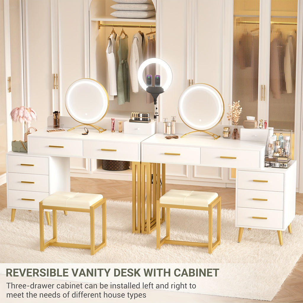 Vanity Desk with Mirror and Lights, Modern Makeup Vanity Table Set with 6 Storage Drawers and Cushioned Stool for Bedroom, Dressing Table with Divided Organizers for Women Girls
