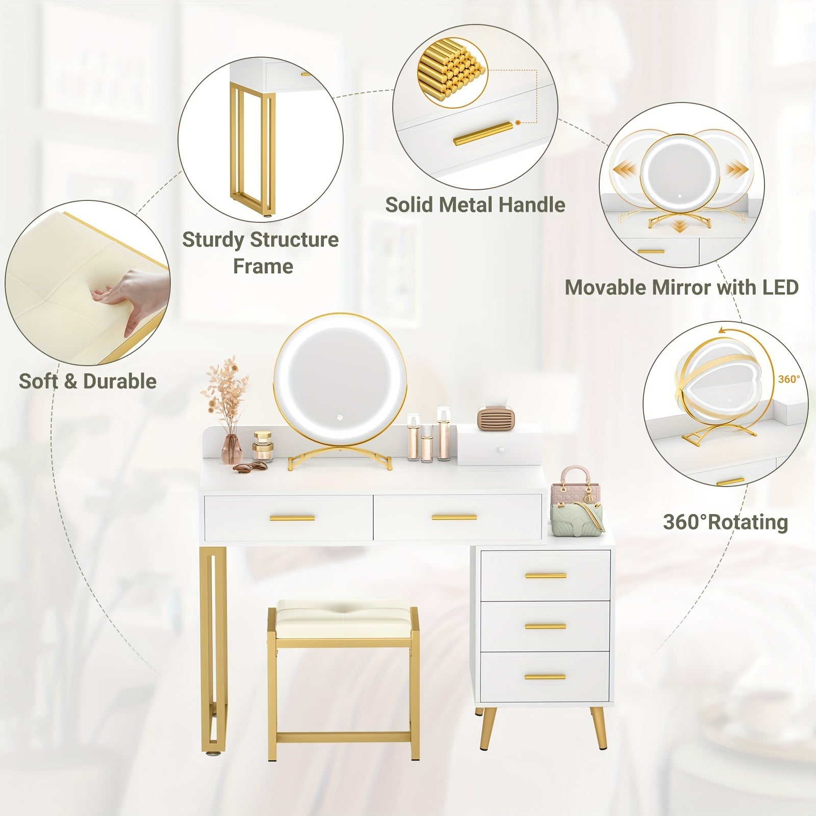 Vanity Desk with Mirror and Lights, Modern Makeup Vanity Table Set with 6 Storage Drawers and Cushioned Stool for Bedroom, Dressing Table with Divided Organizers for Women Girls