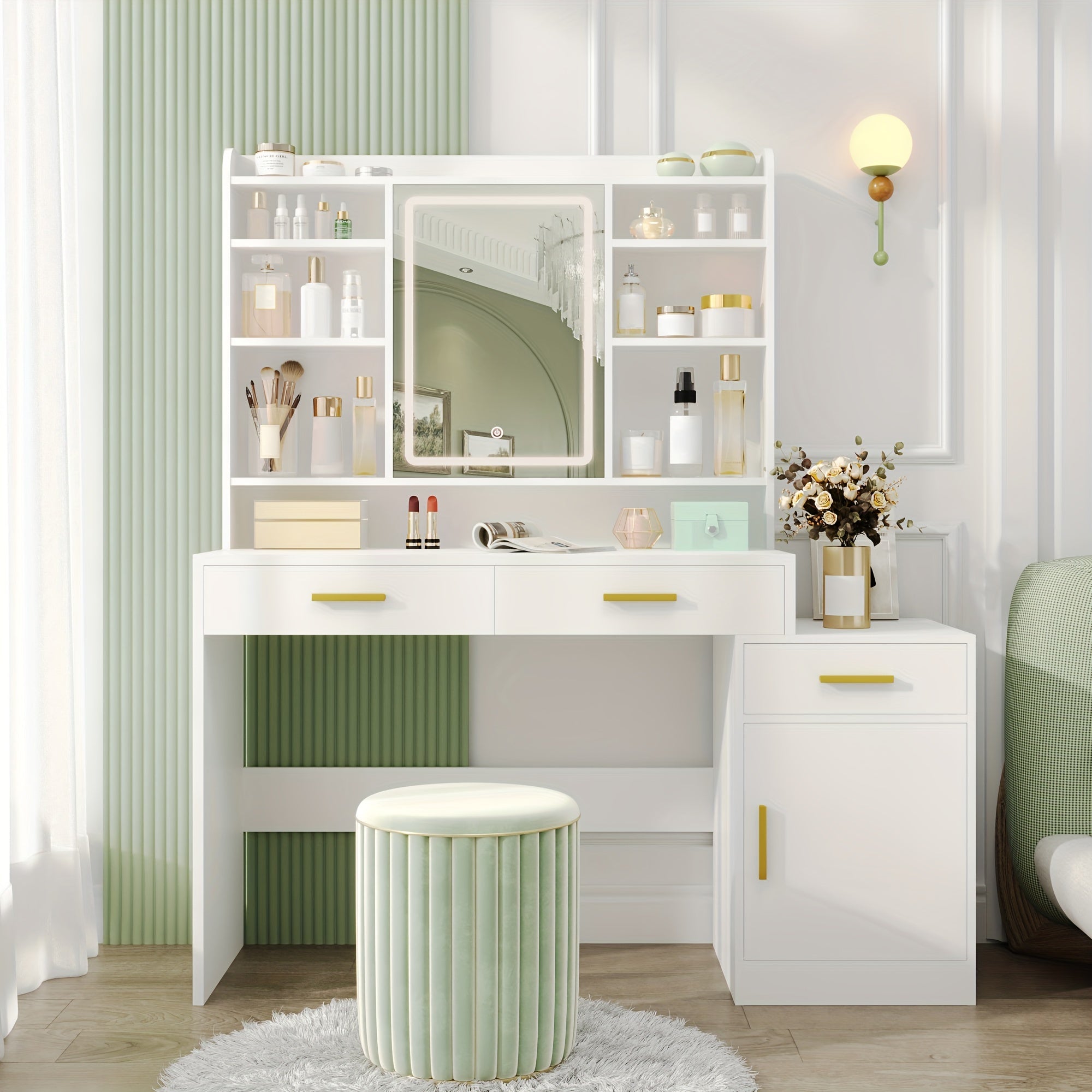 Large Vanity Desk with Light Mirror, Makeup Vanity Dressing Table with 3 Drawers, 6 Adjustable Shelves, Storage Cabinet, Bedroom Vanity Table for Women, Holiday Gift Guide