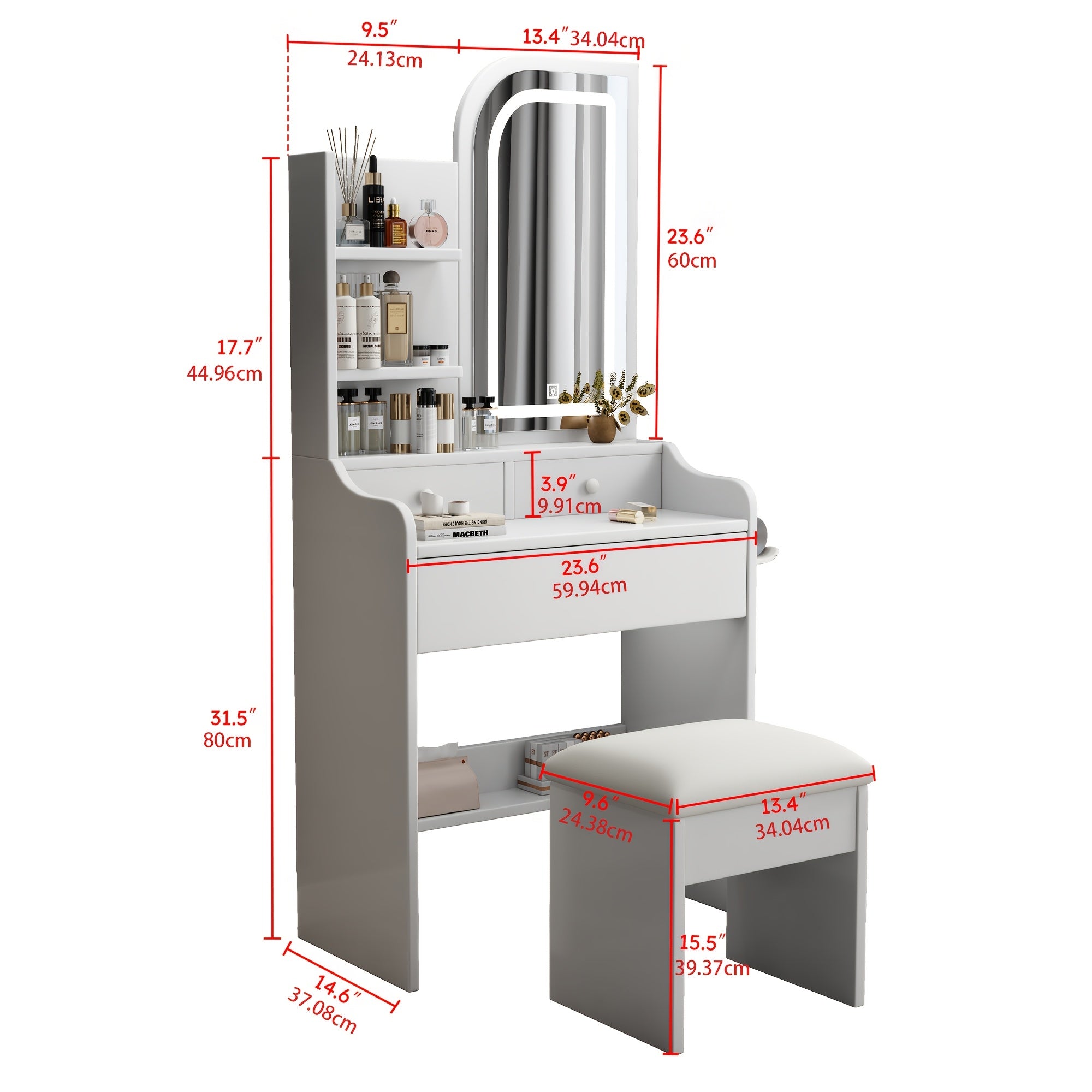 White Dressing Table with Sliding Mirror & Stool 4 Drawers Home High-End Bedroom Dressing Cabinet Integrated Small Apartment
