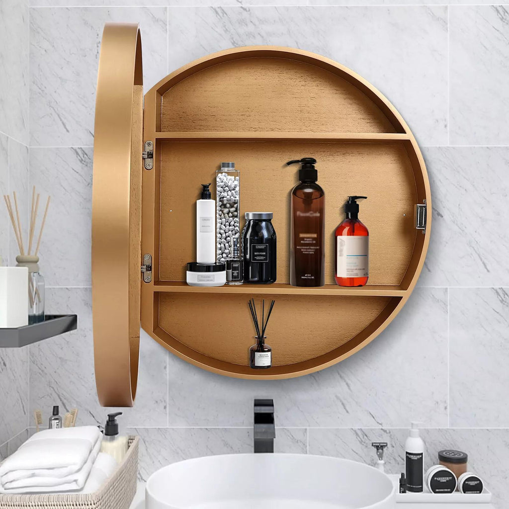 CNCEST Round Golden Bathroom Mirror Cabinet Wall-mounted Organizer Makeup Mirror Cabinet