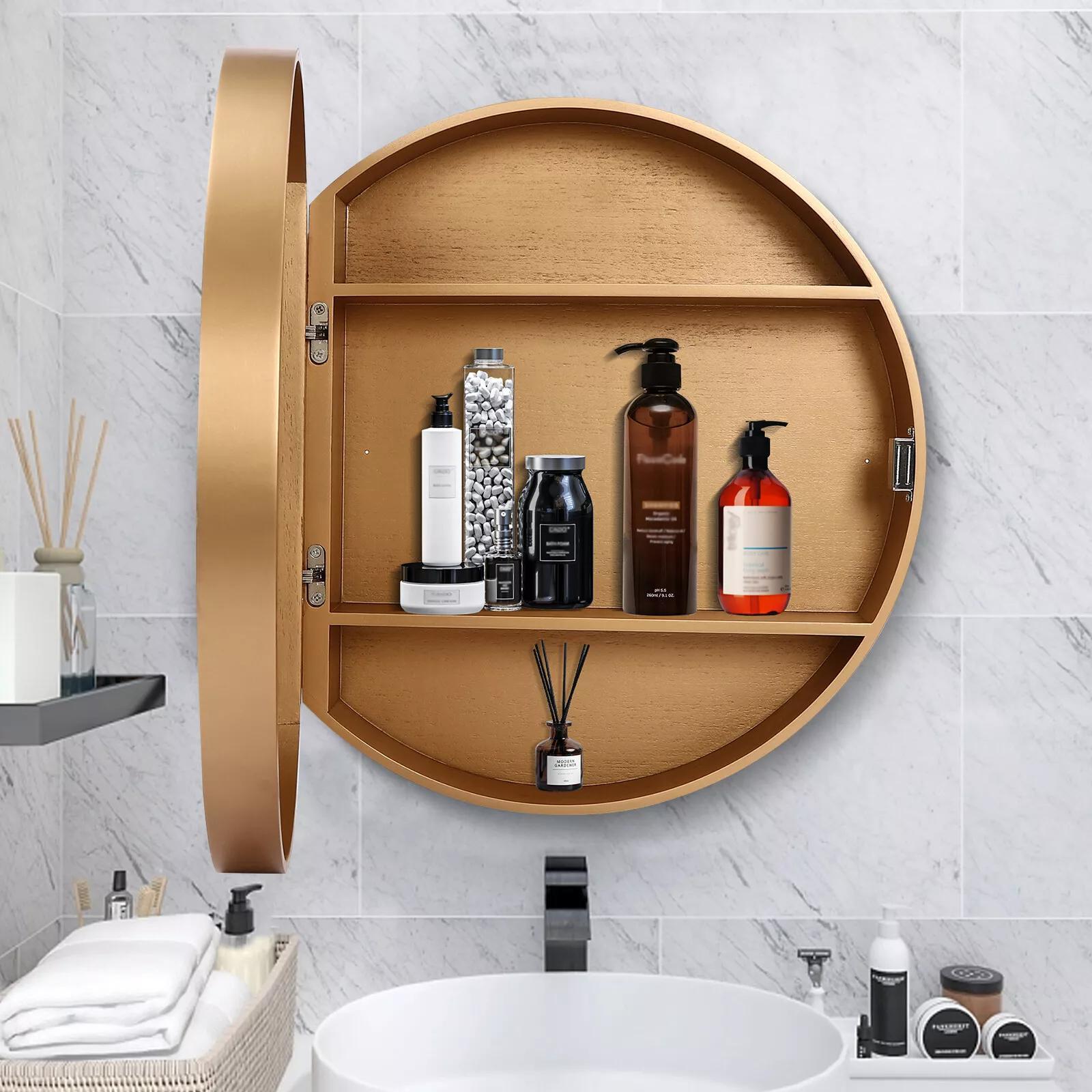 CNCEST Round Golden Bathroom Mirror Cabinet Wall-mounted Organizer Makeup Mirror Cabinet