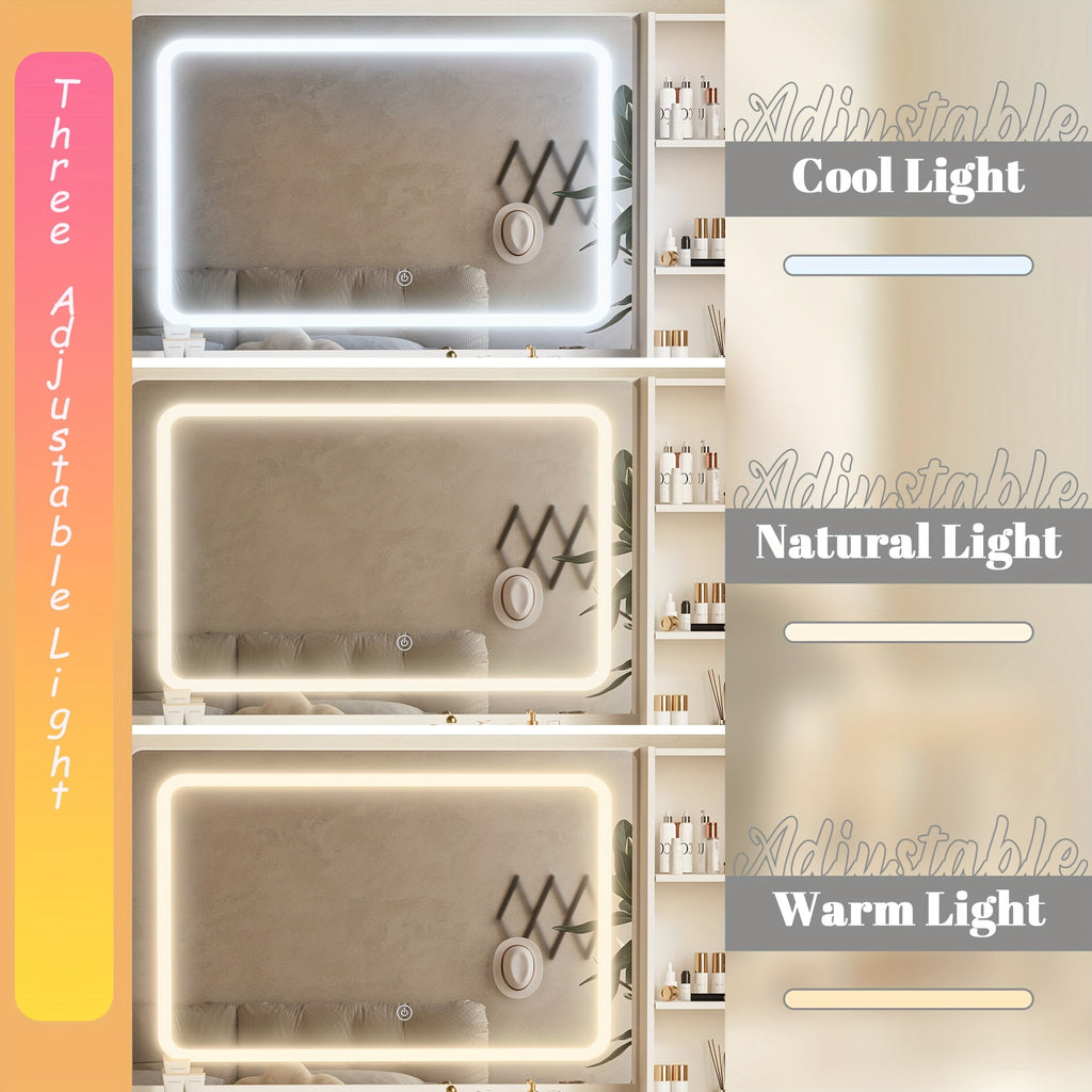 Dressing Table Featuring a Mirror And Lighting, 44-Inch Makeup Station with a Grooved Storage Drawer, Cabinet, Three LED Lighting Options, And a Power Outlet Suitable for a Bedroom