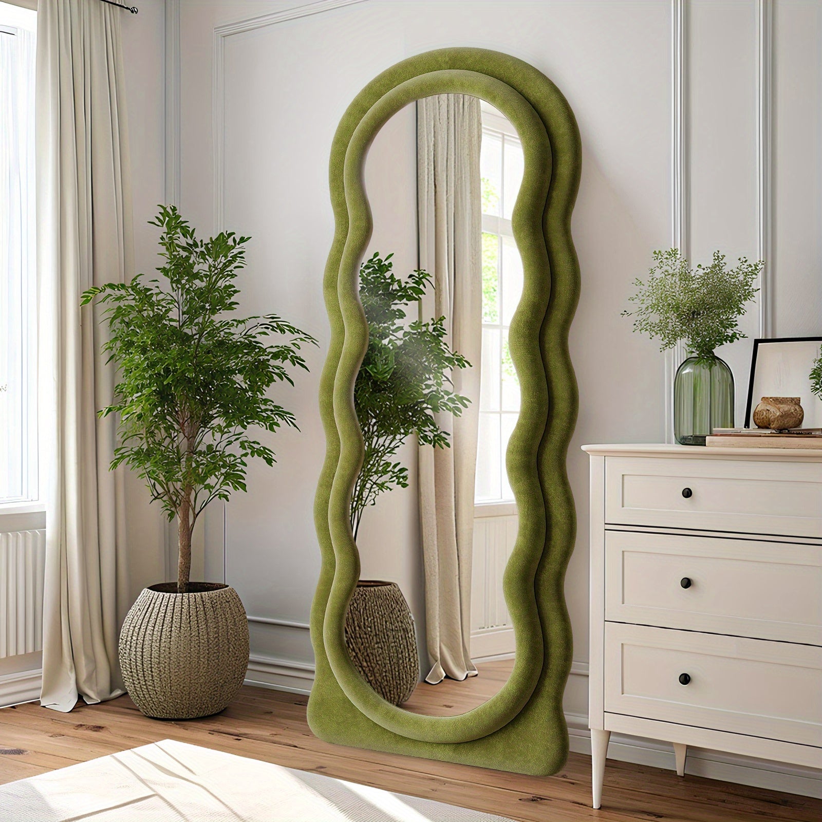 63x24 Inches Flannel Frame Wavy Full Length Mirror, Hanging or Leaning Mirror, Irregular Makeup Mirror Elegant Wall Mirror for Bedroom Cloakroom Bathroom Living Room Decorative