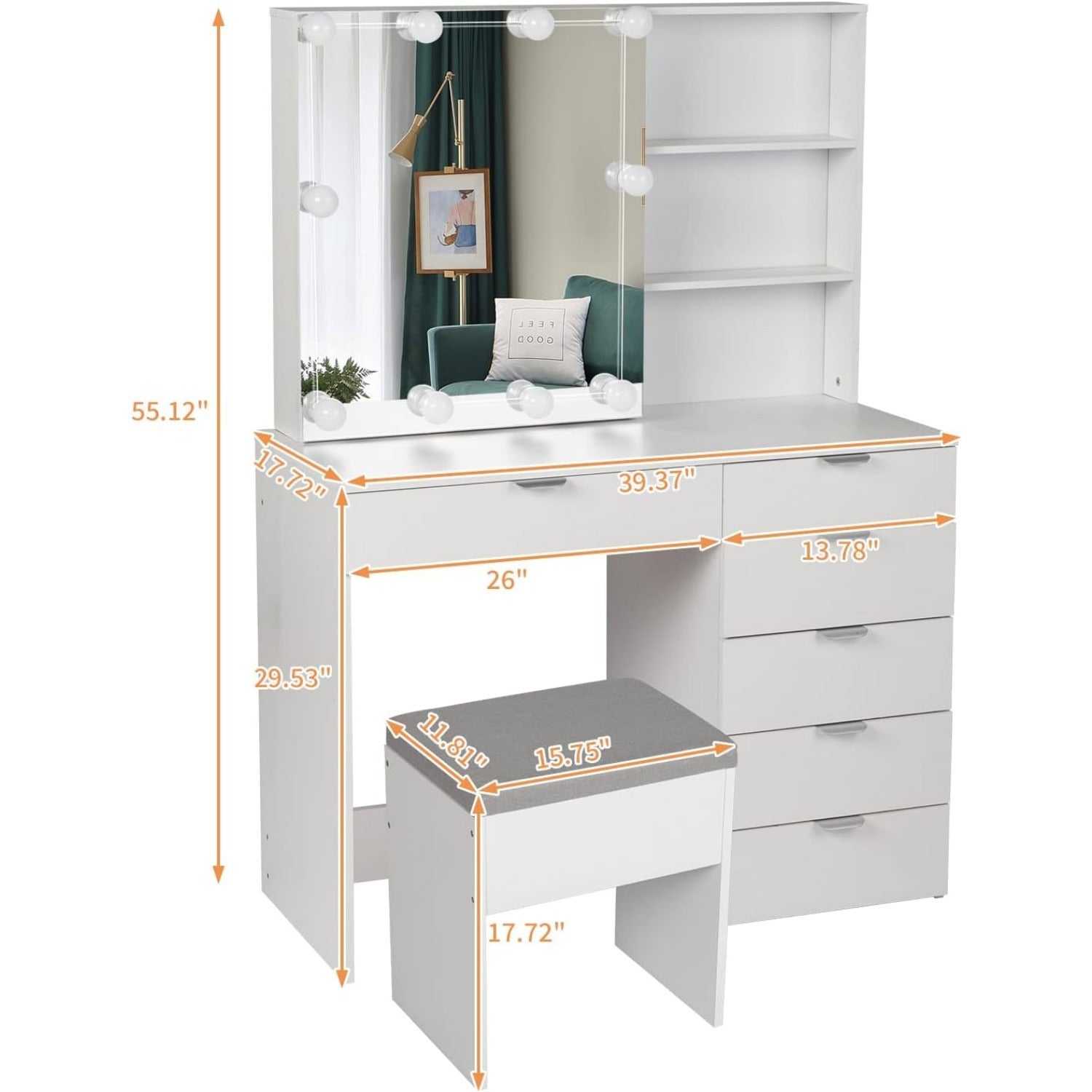 Makeup Vanity Desk With sliding Mirror and 3 color Lights, Dressing Table With Drawers and Shelves, Multifunctional Makeup Vanity table Set with stool For Women Girls Bedroom, Perfect for Home Gifts