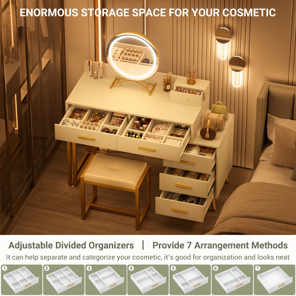 Vanity Desk with Mirror and Lights, Modern Makeup Vanity Table Set with 6 Storage Drawers and Cushioned Stool for Bedroom, Dressing Table with Divided Organizers for Women Girls