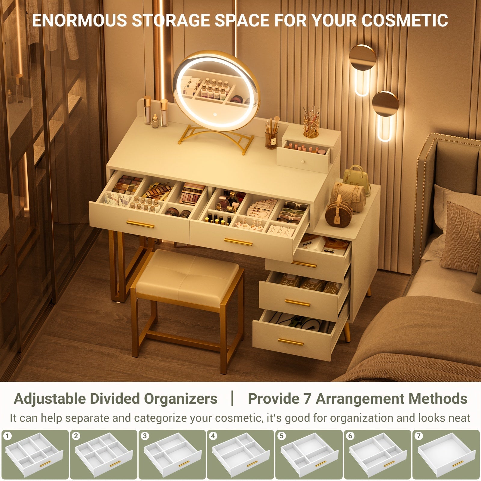Vanity Desk with Mirror and Lights, Modern Makeup Vanity Table Set with 6 Storage Drawers and Cushioned Stool for Bedroom, Dressing Table with Divided Organizers for Women Girls