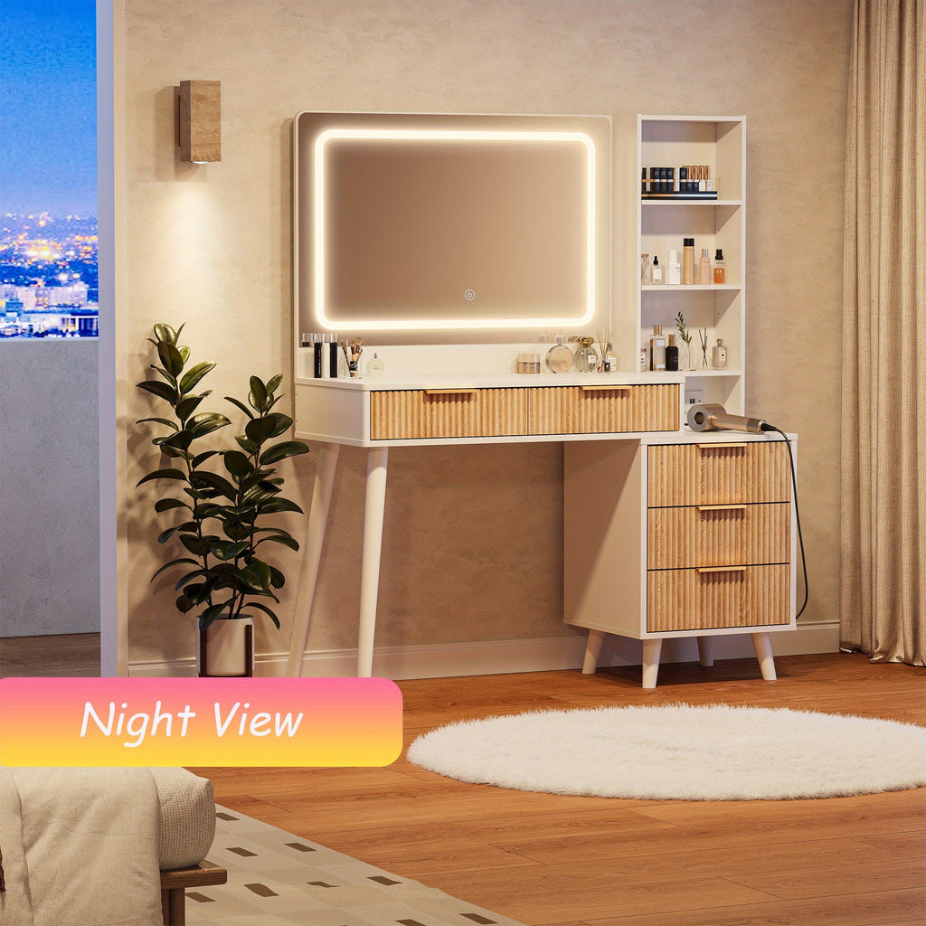 Dressing Table Featuring a Mirror And Lighting, 44-Inch Makeup Station with a Grooved Storage Drawer, Cabinet, Three LED Lighting Options, And a Power Outlet Suitable for a Bedroom