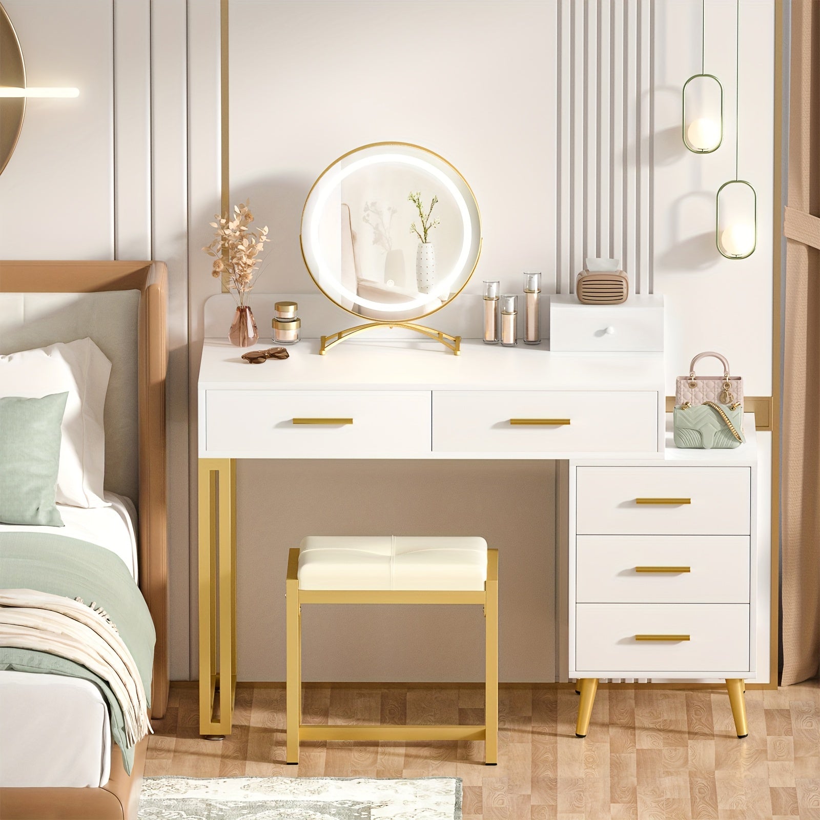 Vanity Desk with Mirror and Lights, Modern Makeup Vanity Table Set with 6 Storage Drawers and Cushioned Stool for Bedroom, Dressing Table with Divided Organizers for Women Girls