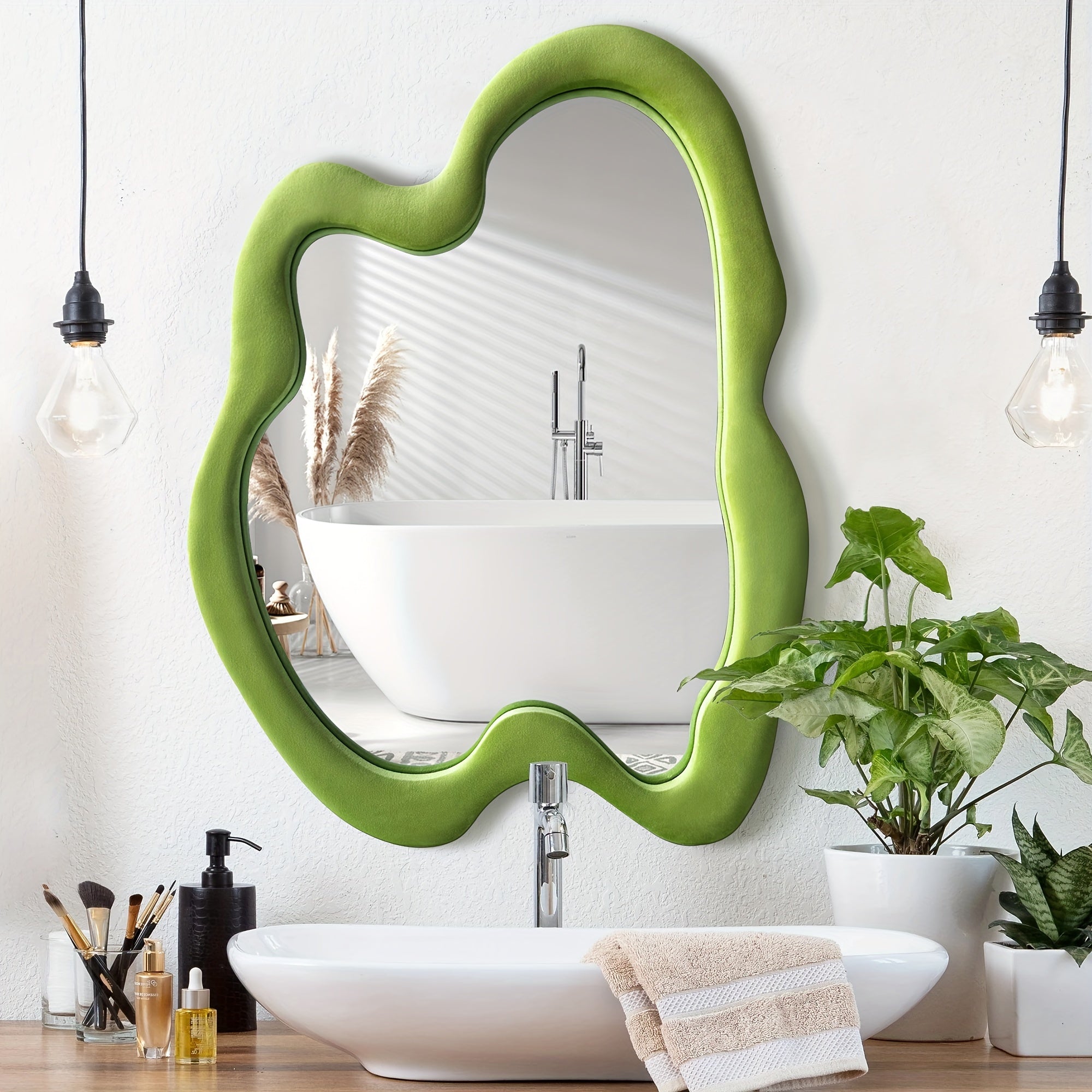 Rregular Wall Mirror Asymmetrical Mirror, Black Wavy Mirror With Flannel Frame, Decorative Wall Mirror For Bedroom, Livingroom, Entryway